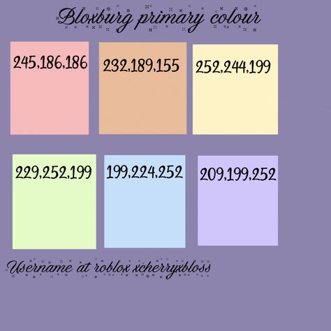 Light Purple Bloxburg Code, Bloxburg Primary Color Codes Pastel, Purple Decal Codes For Bloxburg, Bloxburg Settings Color Codes, Primary Colors Bloxburg, Bloxburg Primary Color Codes, Bloxburg Colors, Peach Color Code, Bloxburg Tips