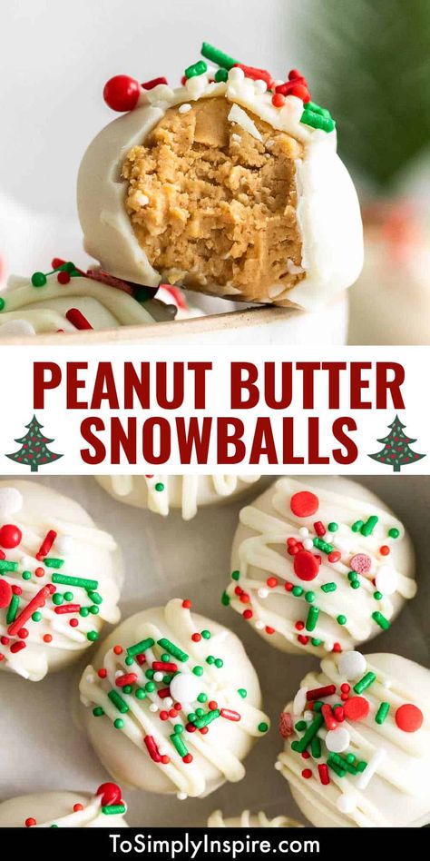 Spruce up your Christmas dessert tray with these adorable and festive Peanut Butter Snowballs! These no-bake truffles are made with creamy peanut butter and graham cracker crumbs in white candy coating and holiday sprinkles for wonderful treat this holiday season!