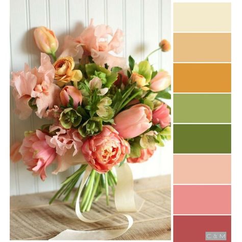 Gold, green, and pink palette from a flower arrangement. Pink Orange Wedding Flowers, Orange Wedding Flowers, Wedding Bouquets Pink, Pink Color Schemes, Color Schemes Colour Palettes, Pink Palette, Flowers Ideas, Green Colour Palette, Color Palate