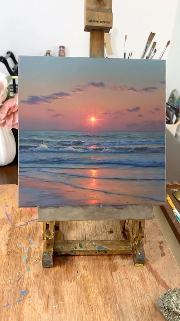 Paint The Ocean, Painting Ocean Sunset, Paint Sea, Paint Ocean, Aesthetic Sea Painting, Painting By The Beach Aesthetic, Sunset With Flowers Painting, Acrylic Paintings Ideas, Beach Painting Acrylic