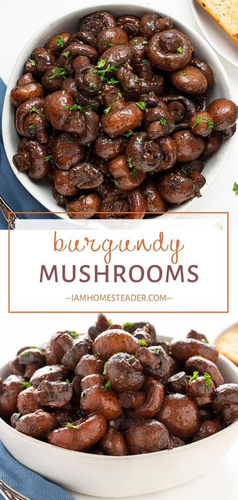 Burgundy Mushrooms, Mushroom Side Dishes, Red Wine Recipe, Marinated Mushrooms, Thanksgiving Dinner Menu, Menu List, Beef Roast, Red Wine Sauce, Steak And Mushrooms