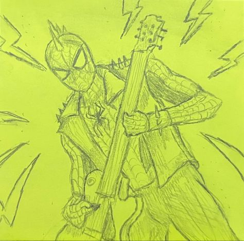 Spider Punk Guitar Drawing, Hobie Brown Drawing Tutorial, Indian Spiderman Drawing, Spiderpunk Guitar, Spiderpunk Sketch, Spider Punk Sketch, Spiderpunk Drawing, Spider Punk Drawing, Silly Fanart