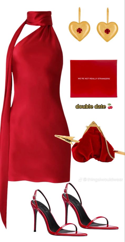 Red Luxury Outfit, Classy 21st Birthday Outfit, Maria The Bachelor Outfits, Old Hollywood Outfit Ideas Casual, Red Night Out Outfit, Fancy Red Dress Classy, Shein Dresses Party, Red Dress Gold Jewelry, Elegant Red Dress Aesthetic