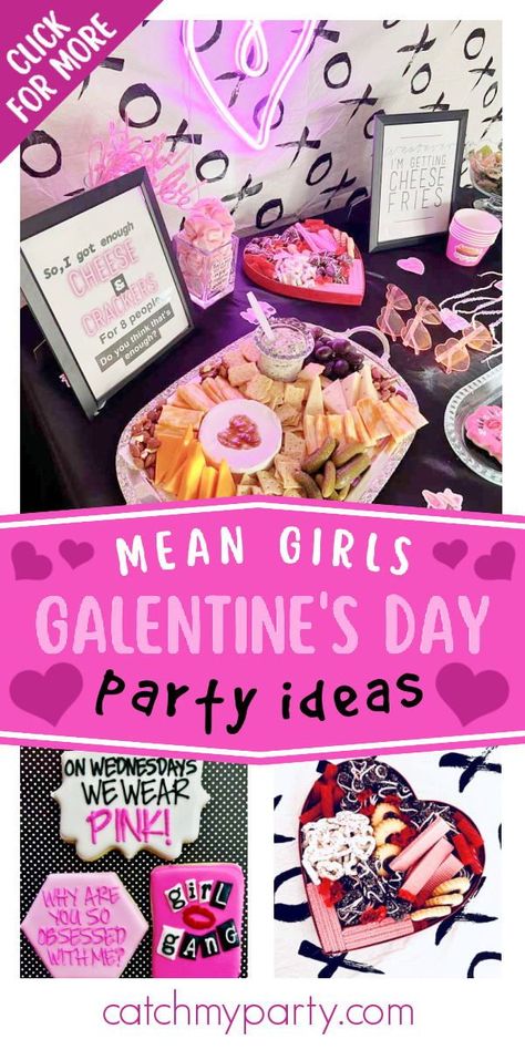 Check out this cool Mean Girls Valentine's Day party! The partyt food is awesome! See more party ideas and share yours at CatchMyParty.com I Hate Valentines Day Party, Mean Girls Valentines Party, Mean Girls Galentines Party, Meangirls Inspired Party, Mean Girls Themed Food, Mean Girls Food Ideas, Mean Girls Cookies, Mean Girls Party Food, Mean Girls Movie Night