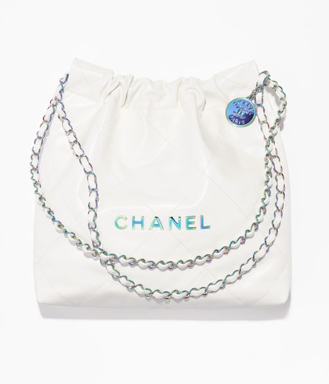 Chanel 22 small handbag, Shiny calfskin & rainbow metal, white — Fashion | CHANEL Chanel 2024, Chanel 22, Rainbow Metal, Mode Chanel, Chanel Store, Chanel Casual, Chanel Cruise, Eyewear Shop, Chanel Chanel