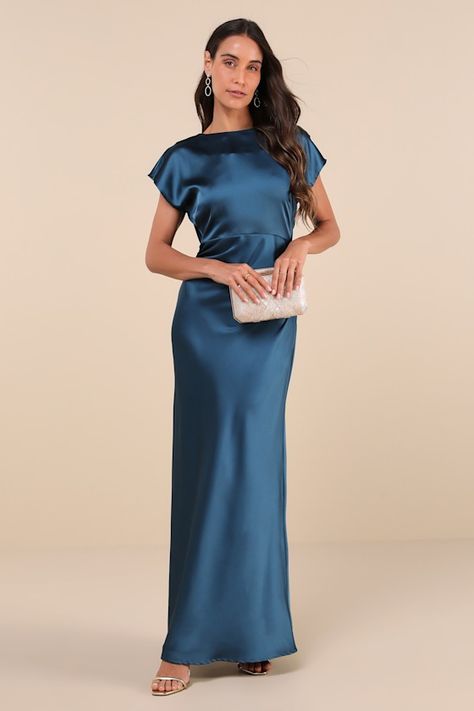 Captivating Presence Dark Teal Satin Cowl Back Maxi Dress Emerald Blue Bridesmaid Dresses, Teal Dress For Wedding, Flattering Bridesmaid Dresses, Teal Blue Dress, Teal Bridesmaid Dresses, Stunning Aesthetic, Bridesmaid Dresses Satin, Velvet Bridesmaid Dresses, Formal Dresses With Sleeves