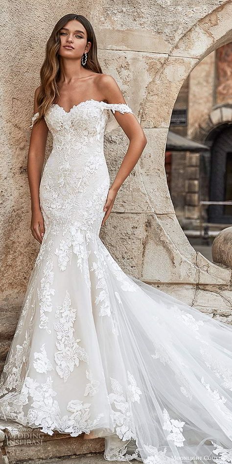 Elegant Wedding Dress Mermaid, Fit N Flare Wedding Dress, Bridal Off Shoulder, Wedding Dress Cathedral, Wedding Dress Cathedral Train, Moonlight Couture, Wedding Dresses Mermaid Sweetheart, Wedding Dresses Sweetheart Neckline, Petite Wedding Dress