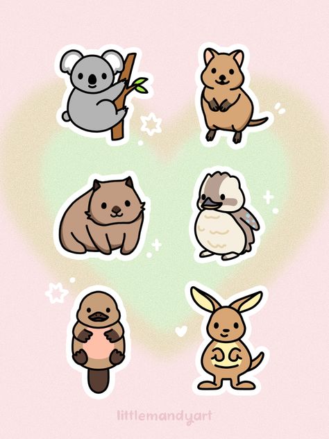 Cute Australian friends stickers - koala, quokka, wombat, kookaburra, platypus, & kangaroo. Cute Wombat Drawing, Kookaburra Drawing, Wombat Illustration, Quokka Drawing, Quokka Illustration, Wombat Drawing, Kangaroo Cute, Kangaroo Drawing, Quokka Animal