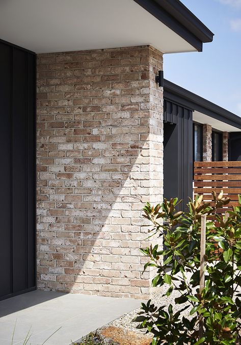 Bricks Exterior House, San Selmo Reclaimed Bricks, Brick Limewash Exterior, Reclaimed Brick House, House Facade Renovation, Red Brick Facade, Brick House Exterior, Modern Brick House, Recycled Brick