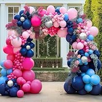 Blue And Pink Party Decorations, Pink And Blue Balloon Garland, Hot Pink Balloons, Blue Balloon Arch, Pink Balloon Garland, Stuffed Balloons, Purple Cakes Birthday, Silver Balloons, Balloon Wreath