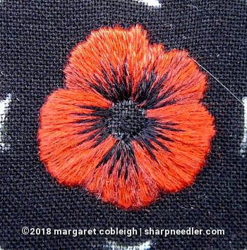 Embroidered remembrance poppy with black accents on petals (DMC version) Poppy Hand Embroidery, Poppy Embroidery Design, Embroidery Poppy Pattern, How To Embroider A Poppy Flower, Embroidered Poppy Flower, Black Flower Embroidery, Embroidery Poppy Flower, Poppy Cross Stitch Pattern, Poppy Embroidery Pattern