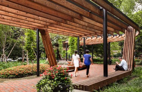 Donghu Park by DLC « Landscape Architecture Platform | Landezine Walkway Design, Pocket Park, Brick Paving, Landscape Structure, Pergola Design, Wooden Pergola, Urban Park, Italian Garden, Outside Living