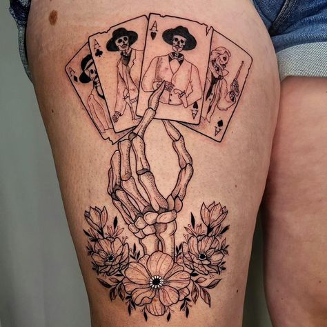 Western Skeleton Tattoos For Women, Western Family Tattoo, Leg Tattoos Western, Skeleton Hand Holding Cards Tattoo, Spooky Western Tattoo, Western Shin Tattoo, Patchwork Tattoo Ideas Western, Western Traditional Tattoo Sleeve, Hand Tattoos For Women Western