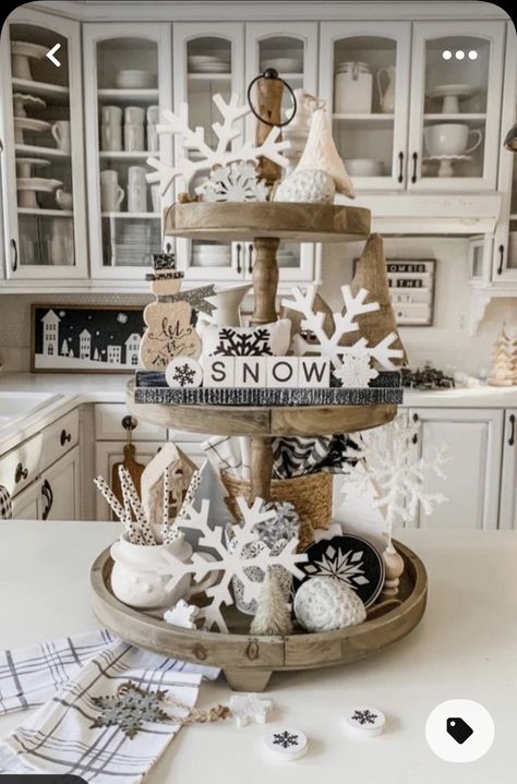 Two Tier Stand Decor Ideas, Winter Tiered Tray Decor Ideas, Snowflake Kitchen Decor, Winter Tiered Tray Decor Diy, Winter Tray Ideas, January Tiered Tray Decor, January Table Decorations, Winter Tiered Tray Ideas, Winter Home Decor After Christmas