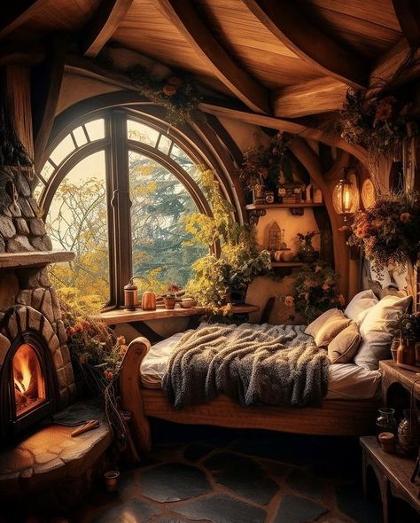 Hobbit House Bathroom, Hobbit Style Decor, Whimsigothic Bathroom, Small Bedroom Fireplace, Hobbit House Aesthetic, Hobbit Home Aesthetic, Hobbit Hole House, Hobbit Hole Interior, Hobbit Aesthetic Home