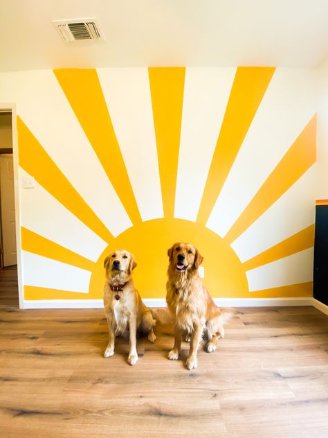 Nursery Sunshine Mural, Playroom Ideas Yellow, Sunshine Painted On Wall, Sun Mural Kids Rooms, Easy Colorful Wall Mural, Sun Wall Paint, Rainbow Accent Wall Paint, Painted Sun On Wall, Sun Wall Murals Painted