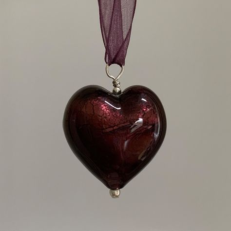 Necklace with dark amethyst (purple) Murano glass large heart (28mm wide) pendant with 925 Sterling Silver or 22 Carat gold vermeil findings (beads and headpin) on a long length of complimentary matching organza ribbon. Vermeil is a high quality form of gold plating in which a thick layer of gold (this must be more than 2.5 microns and between 14 Carat and 22 Carat) is coated over 925 Sterling Silver. It is commonly referred to as 'gold filled'. Supplied ribbon is 10mm wide and approximately 1m Dark Purple Jewelry, Dark Amethyst, Murano Glass Necklaces, Mazzy Star, 22 Carat Gold, Large Heart, Organza Ribbon, Funky Jewelry, Amethyst Purple