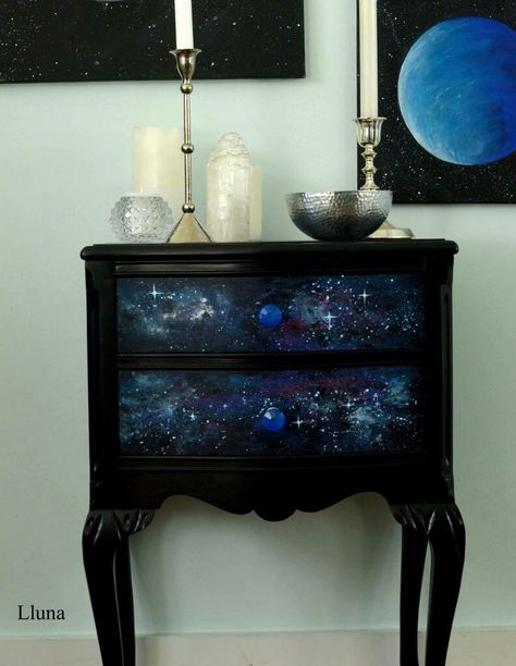 Galaxy Side Table 😍😍 love the way it turned out😍#Upcycled #vintage #boho #bohemian #stars #revamp #gothic #dark #hippie #starchild #diy Galaxy Home Decor, Whimsical Nightstand, Gothic Nightstand, Galaxy Furniture, Gothic Furniture Diy, Floating Nightstand Ideas, Modern Floating Nightstand, Dark Hippie, Nightstand Ideas