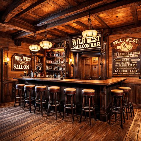 this site is all AI and is too cowboy/western but i do like the lit bottle shelves, the wooden bartop, and the bar cladding Cowboy Cafe Design, Small Pub Interior Bar Ideas, Western Restaurant Interior, Cowboy Bar Aesthetic, Western Saloon Interior, Western Bar Ideas, Saloon Bar Ideas, Rustic Restaurant Interior Design, Western Saloon Bar