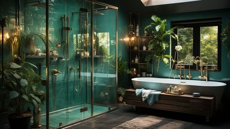 Jungle Bathroom, Bathroom Artwork Ideas, Girls Bathroom Ideas, Accent Wall Bathroom, Glass Door Bathroom, Dark Green Bathrooms, Bathroom Glass Door, Bathroom Gold, Bathroom Green