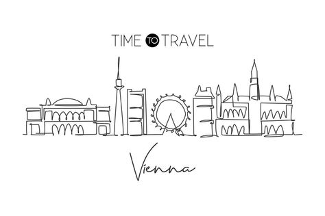 One continuous line drawing of Vienna city skyline, Austria. Beautiful landmark. World landscape tourism travel vacation poster. Editable stylish art stroke single line draw design vector illustration Vienna Skyline Tattoo, Vienna Drawing, Vienna Illustration, One Continuous Line Drawing, Vienna Art, Skyline Tattoo, Skyline Drawing, World Landscape, Vienna City