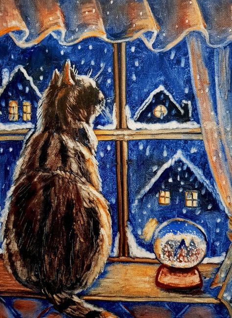 Pet Christmas Pictures, Snow Window, Animals Inspiration, Impasto Art, Winter Art Lesson, Christmas Windows, Animal Illustration Art, Screen Painting, Cat Art Illustration