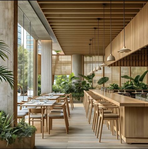 Japandi Hotel, Japanese Restaurant Interior, Glass Restaurant, Philippines House Design, Wood Restaurant, Philippine Houses, Woods Restaurant, Tropical Interior, Rooftop Design