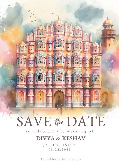 Jaipur Destination Wedding Save the Date | Dr Save The Date Wedding Templates, New Save The Date Ideas, Save The Date Ideas Wedding, Jaipur Wedding Invite, Hawa Mahal Illustration, Wedding Invite Watercolor, Wedding Invites Ideas, Wedding Save The Date Ideas, Hawa Mahal Jaipur