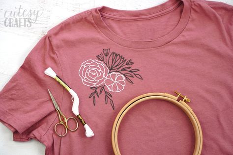 How to Embroider a T-Shirt by Hand - Cutesy Crafts Embroidery Stitches Beginner, Clothes Embroidery Diy, Embroidery Tshirt, Embroidery Stitches Tutorial, Hand Embroidery Projects, Embroidery Gifts, Embroidery On Clothes, Embroidery Patterns Free, Simple Embroidery