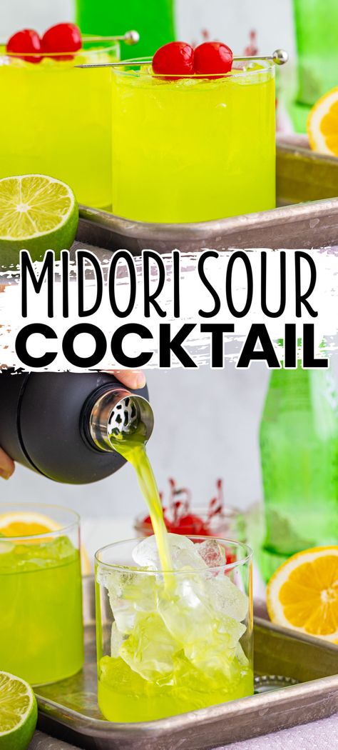 Madori Sour, Midori Sour Recipe, Melon Cocktail, Vodka Sour Recipe, Midori Drinks, Midori Cocktails, Midori Sour, Vodka Lemon, Vodka Sour