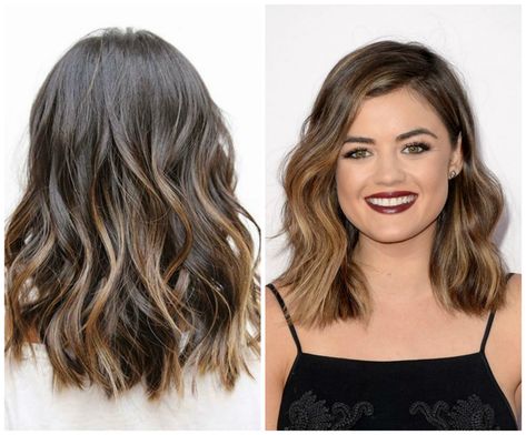 Lucy Hale lob Long Bob Wavy, Lucy Hale Short Hair, Bob Lung, Lucy Hale Hair, Bob Wavy, Brunette Balayage Hair, Short Hair Balayage, Trendy Hair Color, Balayage Brunette