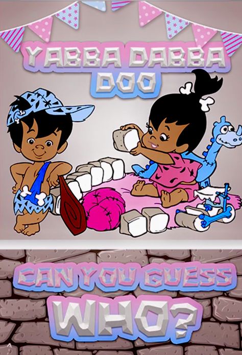 Gender Reveal Ideas Diy Decoration, Yabba Dabba Doo Gender Reveal, Character Gender Reveal Ideas, Gender Reveal Character Themes, Cartoon Themed Gender Reveal Ideas, Flinstones Gender Reveal Ideas, Gender Reveal Ideas Cartoon, Black People Gender Reveal Ideas, Flintstones Gender Reveal