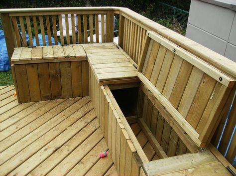 building a pation bench with storage - line the inside to store cushions and toys Garden Storage Bench, Deck Bench, Deck Diy, Waterproof Outdoor Storage, Deck Seating, Outdoor Storage Bench, Diy Bench Outdoor, Deck Storage, Wooden Deck