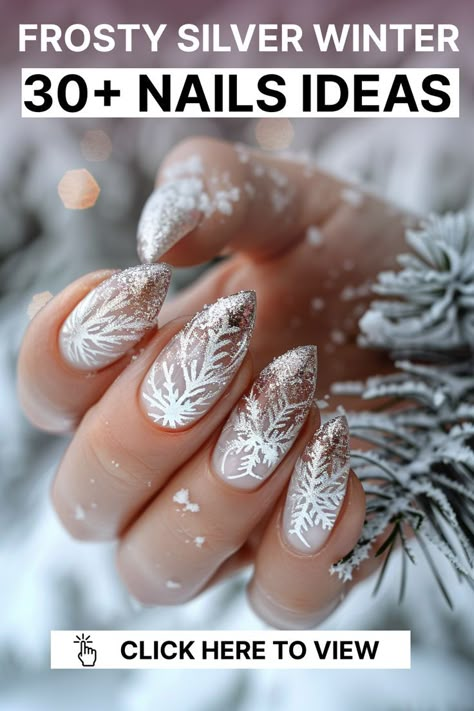 A frosted silver base with glittery details makes these nails look like they’re covered in ice. The square shape is perfect for a modern, wintery finish that catches the light beautifully. Winter Nails Art, Festive Holiday Nails, Coffin French, Snowflake Nail Design, Winter Nails Ideas, Snow Nails, Almond Acrylic, Winter Nail Ideas, Elegant Minimalism