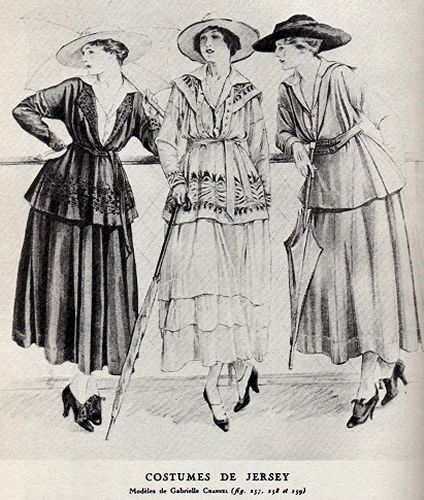 1916 designs by Gabrielle Channel [sic] from Doris Langley Moore’s Fashion through Fashion Plates, cited by Quentin Bell. 1916 Fashion, 1918 Fashion, Chicago Magazine, Bathing Costumes, 1910s Fashion, Chanel Suit, 20th Century Fashion, Gabrielle Chanel, Fashion Art Illustration