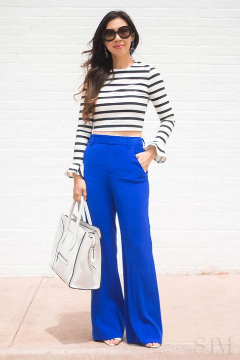 Cobalt Pants Outfit, Blue Wide Leg Pants Outfit, Royal Blue Pants Outfit, Cobalt Pants, Cobalt Blue Outfit, Cobalt Blue Pants, Bright Blue Pants, Blue Pants Outfit, Royal Blue Outfits