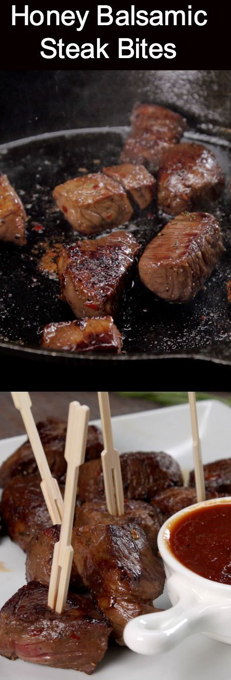 Honey Balsamic Steak Bites make a great game-day appetizer. Beef Skewer Appetizers, Appetizer Skewers, Balsamic Steak, Beef Steaks, Honey Balsamic, Meat Appetizers, Steak Salad, Steak Fajitas, Steak Bites