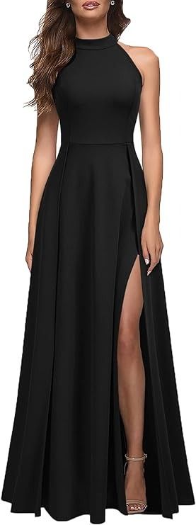 Amazon.com: MUSHARE Women's Halter Neck Sexy Split Cocktail Party Maxi Long Formal Dress Black : Clothing, Shoes & Jewelry Halter Evening Dress, Solid Maxi Dress, Prom Long, Dresses Green, Mock Neck Dress, Women Halter, Women's Evening Dresses, Black Evening Dresses, Dress Cocktail