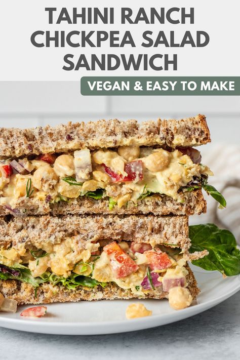 This tahini ranch chickpea salad sandwich is a twist on a vegan classic, but has more flavor. The best vegan lunch recipe with tang, fresh herbs and crunch. Buffalo Chickpea Salad, Tahini Ranch, Ranch Chickpeas, Vegan Lunch Recipe, Buffalo Chickpea, Hummus Sandwich, Vegan Sandwich Recipes, Chickpea Salad Sandwich, Vegan Sandwiches