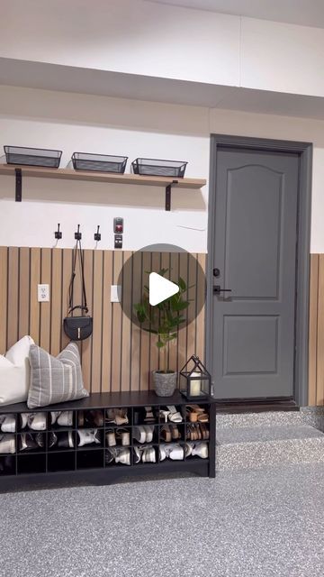 Jessell and Andrew on Instagram: "Throwback to when I refreshed this space in our garage ✨ I wanted to create a "welcome home" moment every time I open our garage door. #homeddiy #diyhome #homeimprovement #garagemakeover" Garage Renovation Before And After, Grey Garage Interior, Grey Garage, Farmhouse Inspired Decor, Garage Renovation, Modern Rustic Farmhouse, Garage Conversion, Garage Interior, Garage Makeover