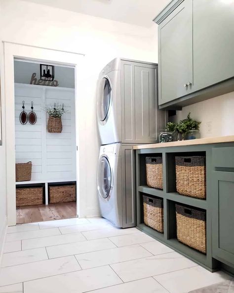 Tile Laundry Room, Alpine Cabin, Stackable Laundry, Room Floor Tiles, Grey Marble Tile, Laundry Room Tile, White Laundry Rooms, Green Laundry, Laundry Room Flooring