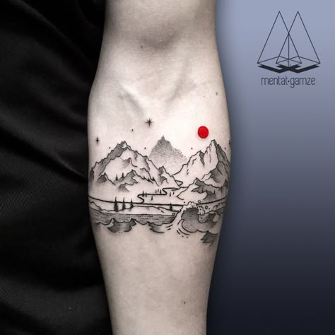 The Red Dot: Before And After Minimalist Sleeve Tattoo, Simba Tattoo, Yin En Yang, Becoming A Tattoo Artist, Travel Tattoos, Dot Tattoos, Landscape Tattoo, Mountain Tattoo, Black Ink Tattoos