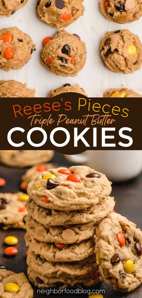 Peanut Butter Reeses Cookies, Reeses Cookies Recipes, Reese's Pieces Cookies, Reeses Cookies, Peanut Butter Chip Cookies, Peanut Butter Dessert Recipes, Reese's Pieces, Best Peanut Butter Cookies, Basic Cookies