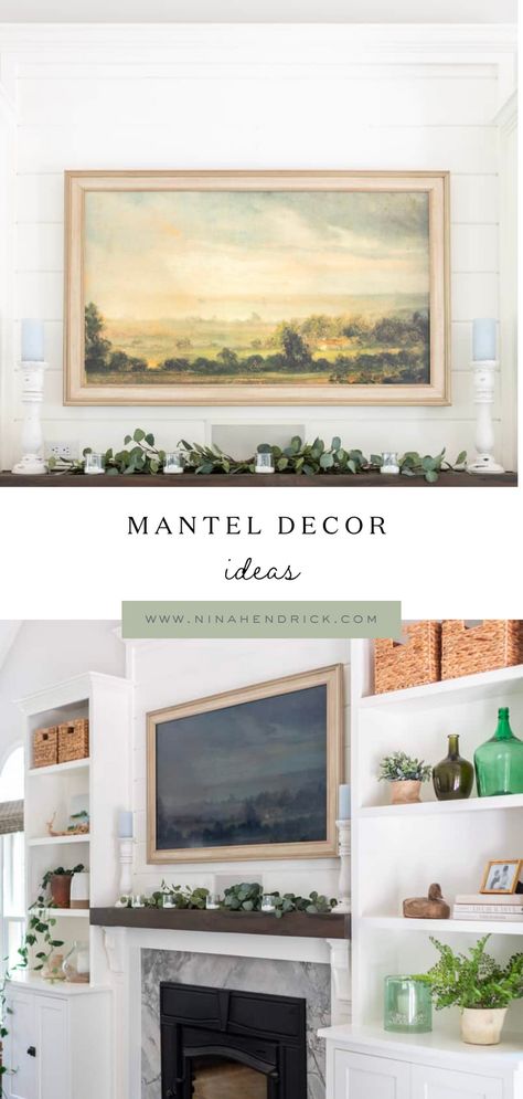 If you’re looking to freshen up your living room this season, these mantel decor ideas are a great way to give your space a lift! From framed landscape prints to long-stemmed greenery, this guide gives a fresh take on the classic mantel accents that never go out of style. Large Framed Mirrors, Farmhouse Printables, Statement Vase, Mantel Decor Ideas, Statement Art Pieces, Mantel Design, Fireplace Mantel Decor, Farmhouse Inspiration, Arched Mirror