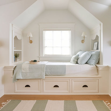 Attic Bedroom Dormer, Bedrooms With Dormer Windows, Bed In Dormer Window Built Ins, Deep Dormer Window Ideas, Bed In Dormer Window, Bedroom With Dormers Sloped Ceiling, Bed In Window, Attic Dormer Addition, Slanted Ceiling Room