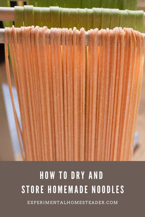 Learn how to dry homemade pasta plus the best method for storing homemade noodles so they stay fresh for up to six months! Cooking Fresh Pasta Noodles, Homemade Healthy Noodles, Drying Pasta For Storage, How To Dry Pasta For Storage, Homemade Pasta Noodles Kitchenaid, How To Dry Fresh Pasta, Homemade Macaroni Noodles, Freezing Homemade Pasta, Storing Fresh Pasta