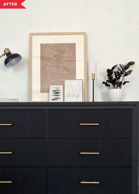 Black Dresser Diy, Swiss Apartment, Black Dresser Bedroom, Diy Painted Dresser, Painted Dresser Ideas, Fluted Dresser, Stained Dresser, Utah House, Painted Dressers