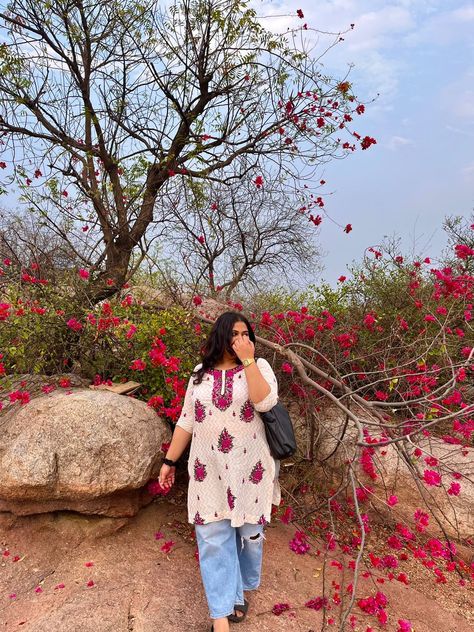 Bougainville Blossom Plus Size Desi Outfits, Aesthetic Kurti, Desi Casual, Fake Aesthetic, Plus Size Aesthetic Outfits, Chubby Girl Outfits, Plus Size Photography, Minimal Shirt Design, Sweet Hairstyles