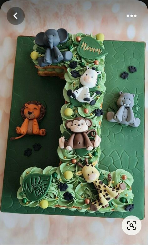 1st Birthday Jungle Cake, Safari Animals Birthday Party, Safari Birthday 1st Birthday, Cake In Shape Of 1, Two Wild Number Cake, Wild One Cakes First Birthdays, 1st Birthday Cake Wild One, 1 Year Birthday Jungle, Wild One Jungle Cake