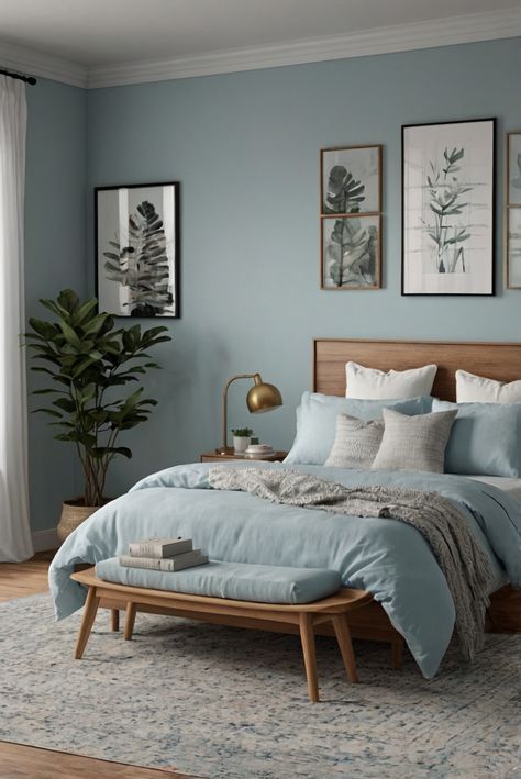 Discover the game-changing advantages of sleek furniture in modern bedrooms. Uncover how clean lines transform spaces effortlessly. #ad     #Colortrend #wallpaint2024  #color2024  #DIYpainting  ##DIYhomedecor  #Fixhome Scandi Blue Bedroom, Light Blue Bedroom Color Schemes, Greenish Blue Bedroom, Tradewind Sherwin Williams Bedrooms, Bedroom Wall Blue, Blue Bedroom Ideas For Adults, Calming Blue Bedroom Walls, Bedroom Light Blue Walls, Minimalist Bedroom Blue